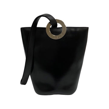 CELINE Circle Logo Metal Fittings Calf Leather Genuine One Semi Shoulder Bag Tote Black