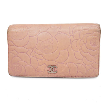 CHANELAuth  Camellia With Silver Metal Fittings Women's Lamskin Long Wallet