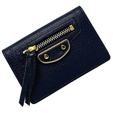 Balenciaga Tri-Fold Wallet Navy Gold Classic 470059 Leather BALENCIAGA Mini Ladies Blue