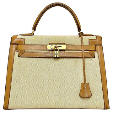 Hermes Handbag Kelly 32 Outer Stitching Natural Beige Gold Canvas Leather Toile Ash A Engraved HERMES Flap Bicolor Ladies Turnlock