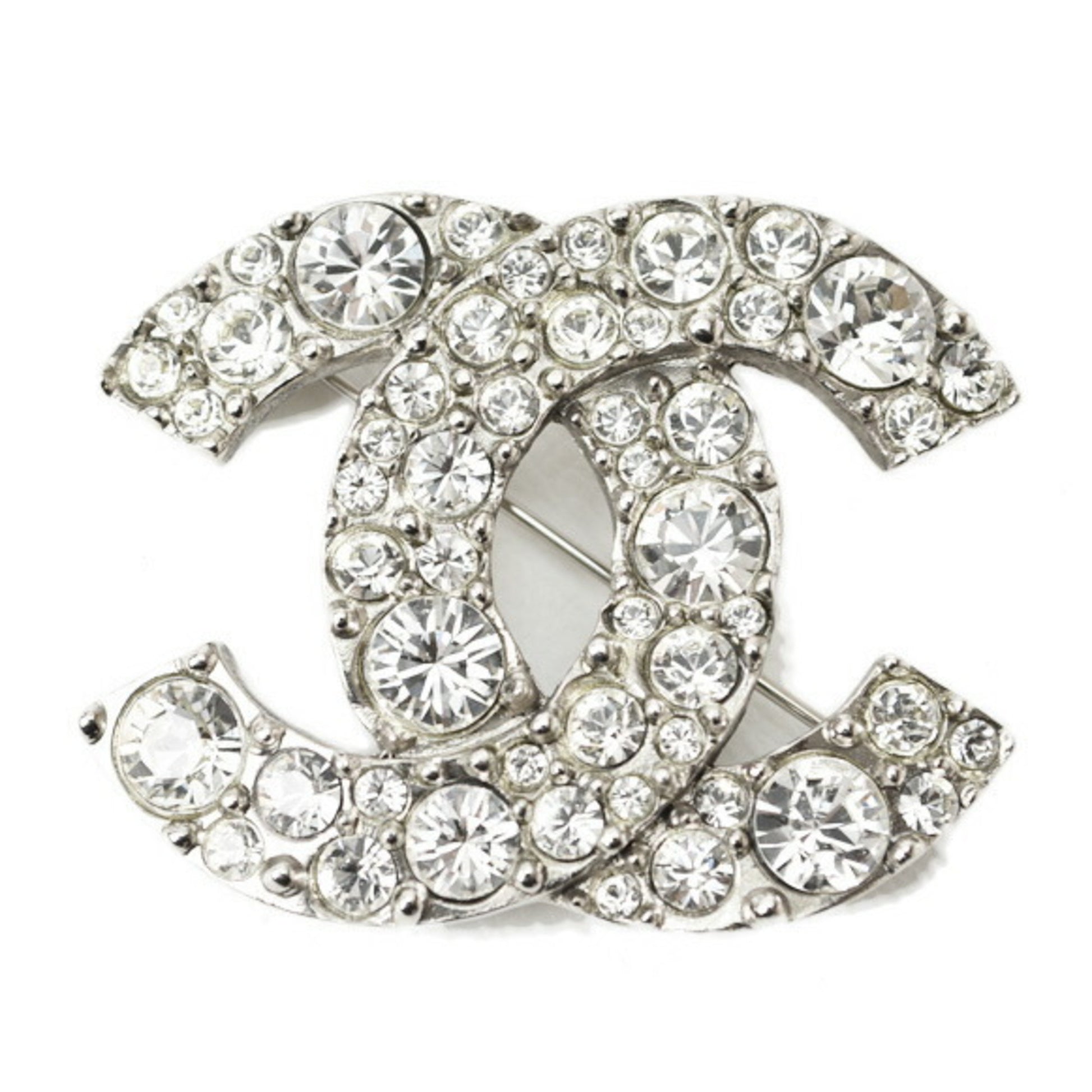 Pre-Owned CHANEL brooch pin here mark rhinestone silver (Good) 