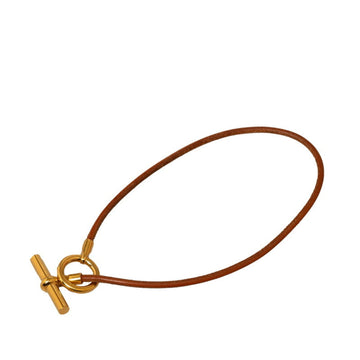 HERMES Grennan Choker Necklace Brown Gold Plated Leather Women's