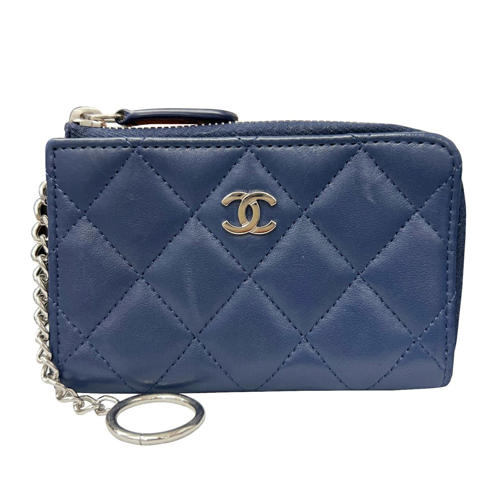 CHANEL Classic Zip Matelasse Coin Case Card Key Ring Purse Navy Lambsk