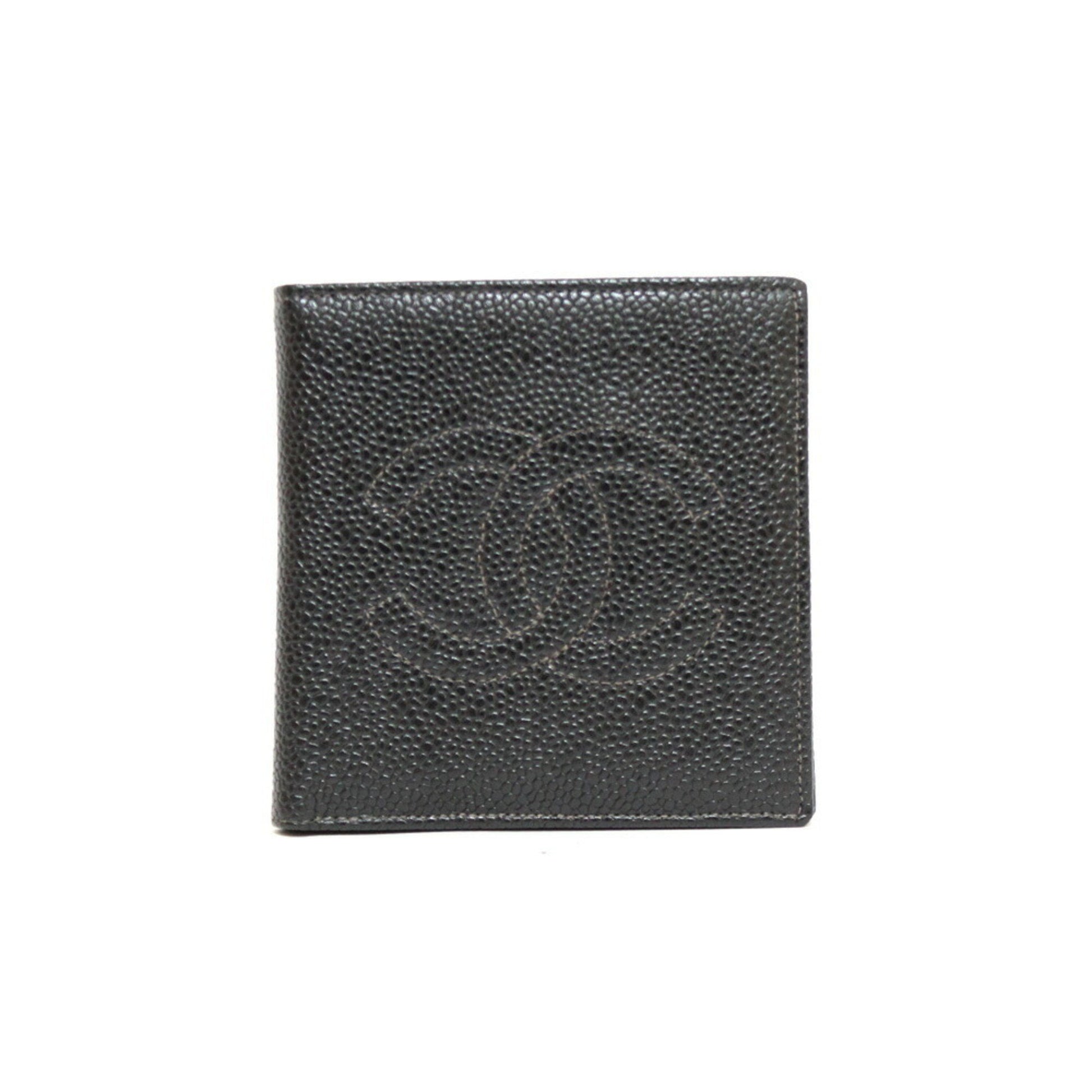 CHANEL bi-fold wallet caviar skin COCO CC black ladies leather