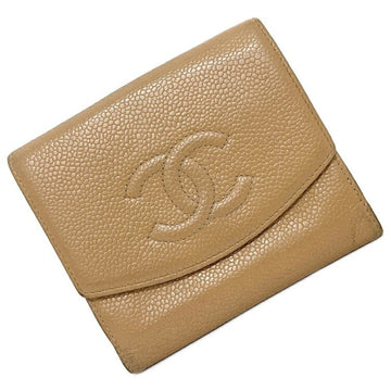 Chanel Bi-Fold W Hook Wallet Beige Coco Mark A13496 Caviar Skin 9s CHANEL Double Women's Leather