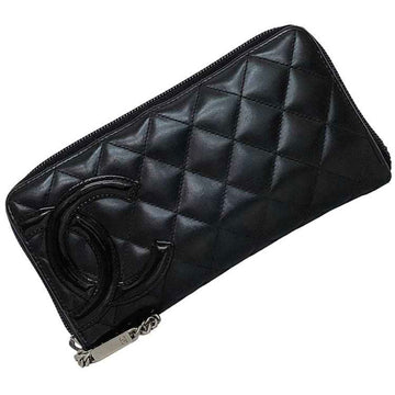 CHANEL Round Long Wallet Black Silver Cambon A50078 Coco Mark Leather 20s  Quilted Chain