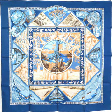 HERMES Scarf Carre 90 Au Son du Tam According to the sound of silk blue system unisex