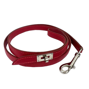 HERMES Dog Lead Kelly Rouge Series Kushbel Red Silver Metal Fittings E Engraved For Dogs