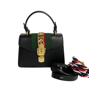 GUCCI Sylvie Sherry Line Hardware Leather 2way Handbag Shoulder Bag Black 71865