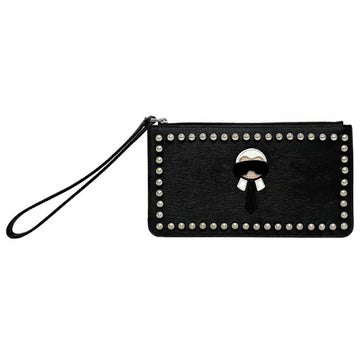 FENDI Pouch Black Silver Punker Lito 8M0341 PVC Leather Studs Fur  Karl Lagerfeld Mini Character Round with Strap