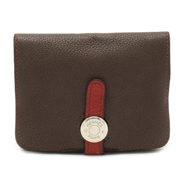 HERMES Dogon Compact Coin Case Purse Card Bicolor Leather Dark Brown Red