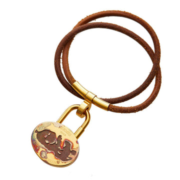 Hermes Cadena Key Mediterranean Necklace Choker Gold Brown Plated Leather Women's HERMES