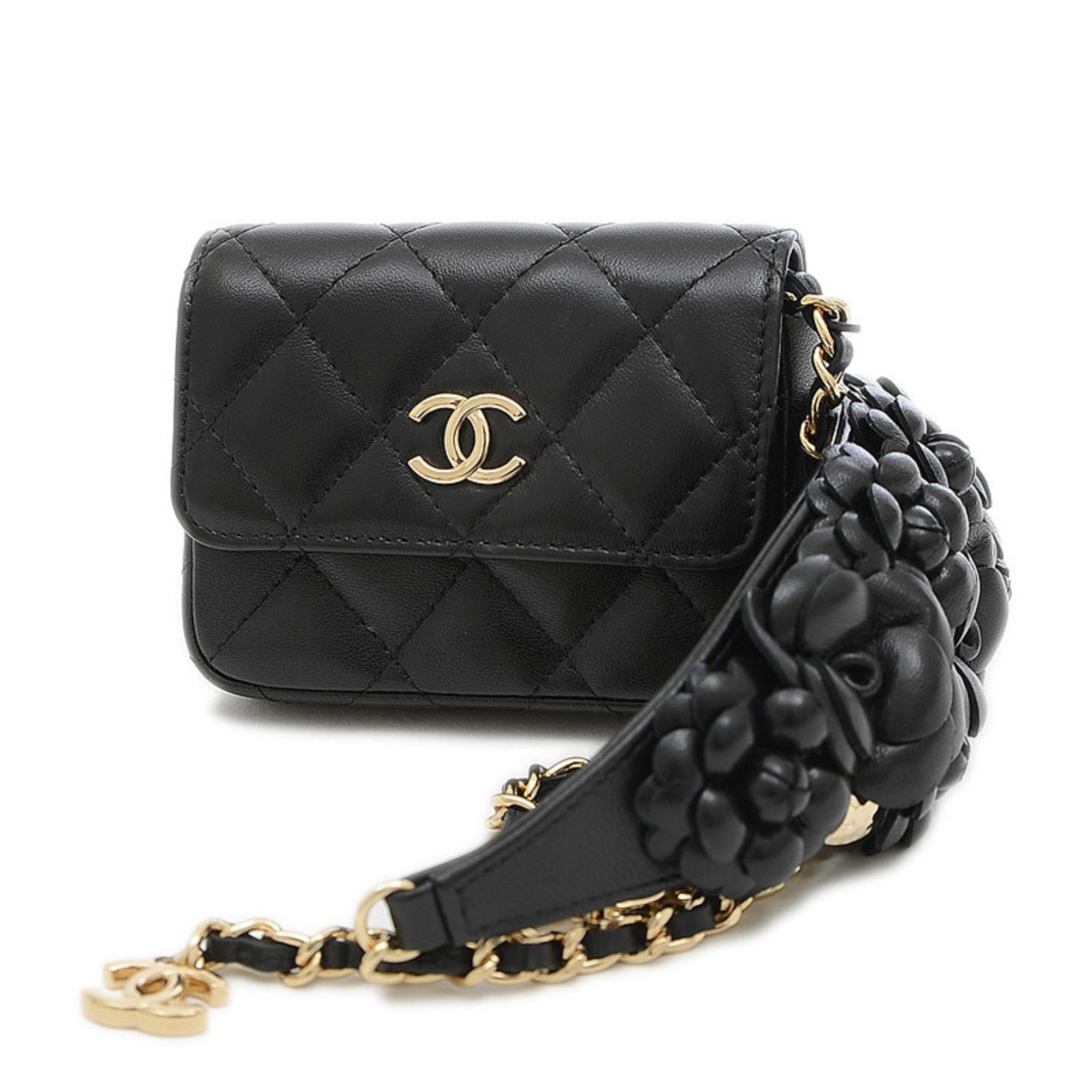 Chanel Matrasse Camellia Mini Chain Shoulder Bag Lambskin Black