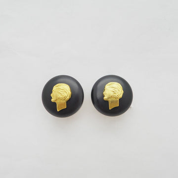 CHANEL 95P Vintage Coco  Earrings Black x Gold Cameo Style