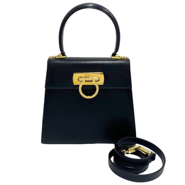 SALVATORE FERRAGAMO Gancini Hardware Leather Genuine 2way Handbag Mini Shoulder Bag Navy