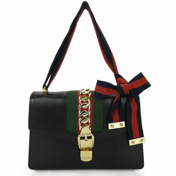 GUCCI Sylvie Small Shoulder Bag Webline Leather Black 421882 Gold Hardware Ribbon Strap Elegant Chain  2WAY