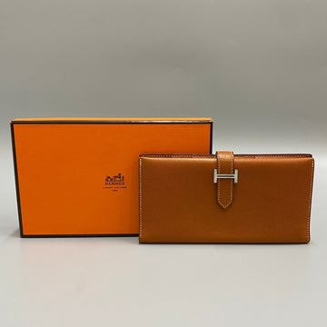 HERMES Bearn Vaux Epson Leather Genuine Bifold Long Wallet Brown