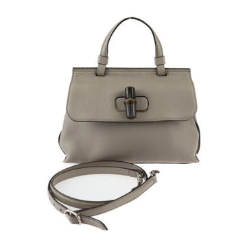 GUCCI Bamboo Handbag 370831 Leather Gray Silver Metal Fittings 2WAY Shoulder Bag