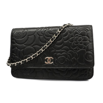 CHANELAuth  Camellia Chain Wallet With Silver Hardware Women's Lambskin Black