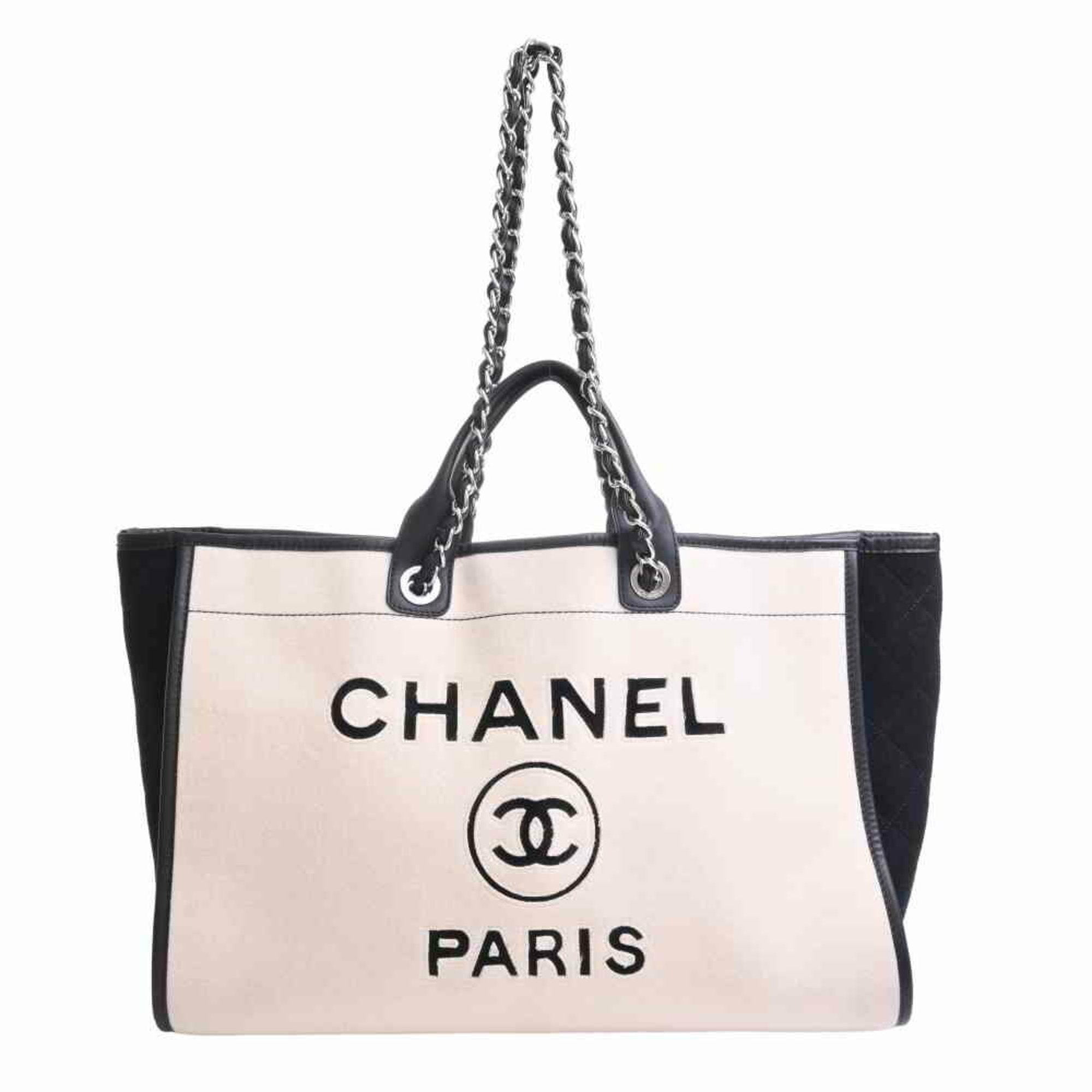 Chanel felt Deauville large chain tote bag white black
