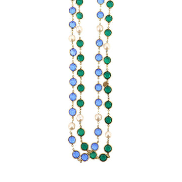 Chanel bijou fake pearl long necklace gold blue green 1981 vintage accessories