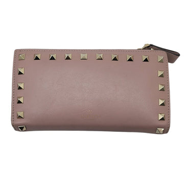 VALENTINO Rockstud Long Wallet Leather Studs Pink Beige Silver Women's