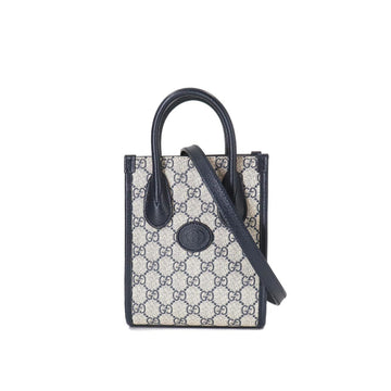 Gucci Interlocking G Mini Tote Bag 2way Shoulder GG Supreme Canvas Leather Blue 671623