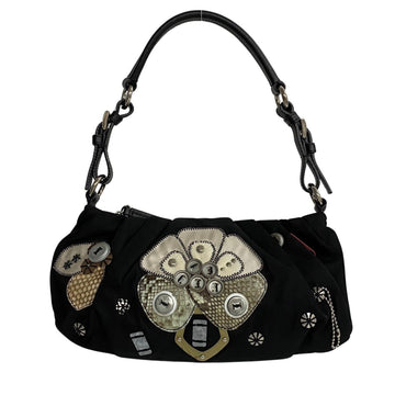 PRADA Triangle Logo Metal Fittings Patchwork Nylon Leather Semi Shoulder Bag One Handbag Black 18412