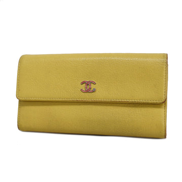 CHANELAuth  Bi-fold Long Wallet With Silver Metal Fittings Yellow