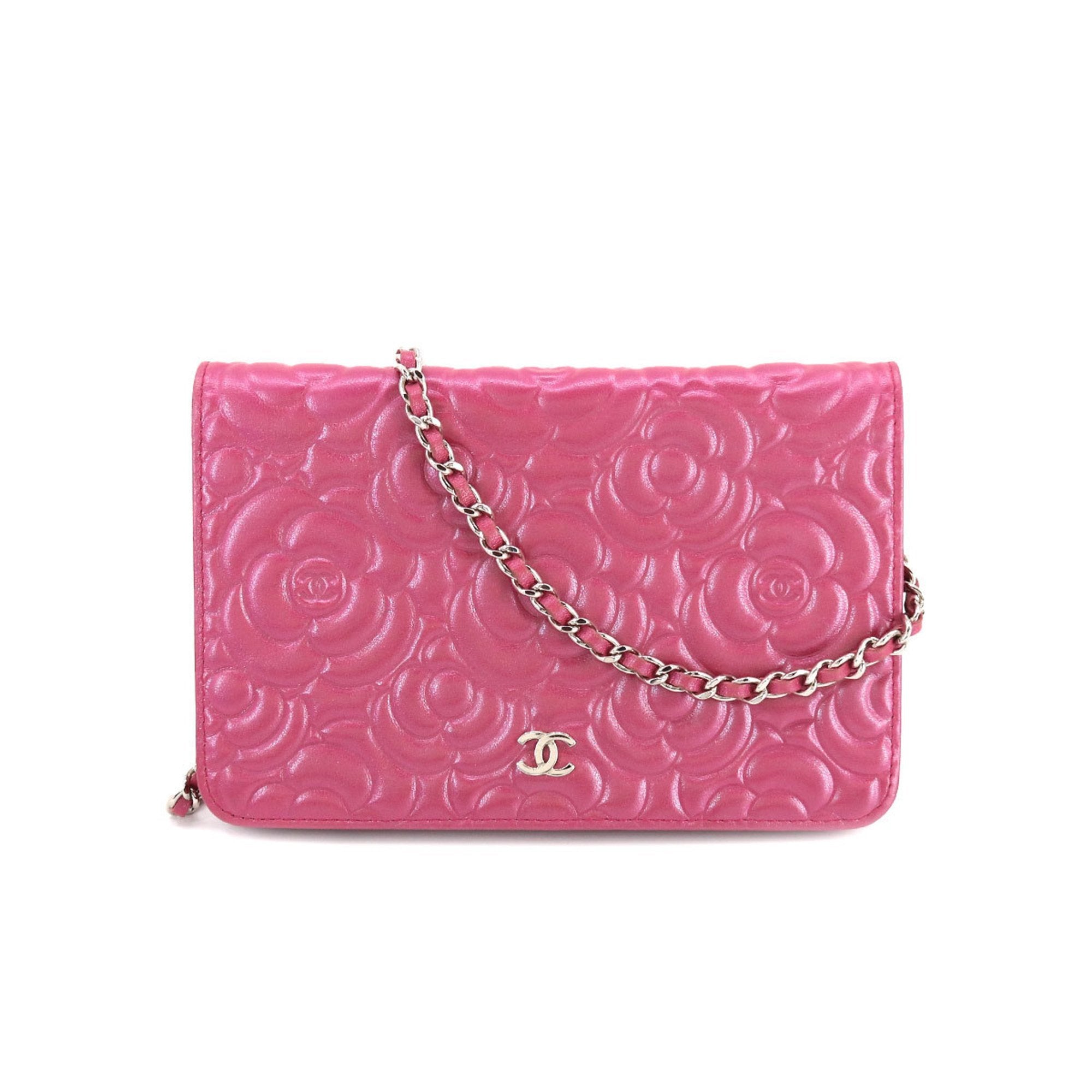 CHANEL camellia chain wallet long leather metallic pink A82336 Camelli