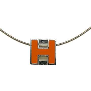 HERMES Cage de Ash H Cube Necklace Pendant Silver Orange Metal Women's