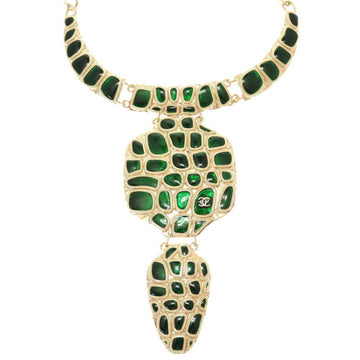 Chanel Snake Motif B19 Stone Green Gold Chain Choker Necklace