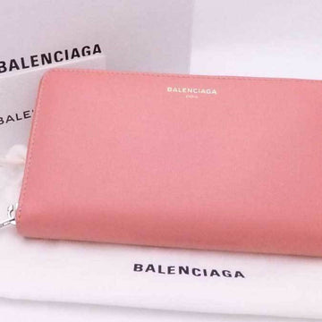BALENCIAGA Round Zipper Long Wallet Logo Metal Salmon Pink Silver Women's