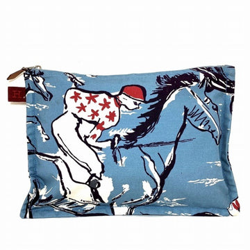 HERMES Flat Jockey Horse Blue Cotton Brand Accessories Pouch Men's Women's Bag
