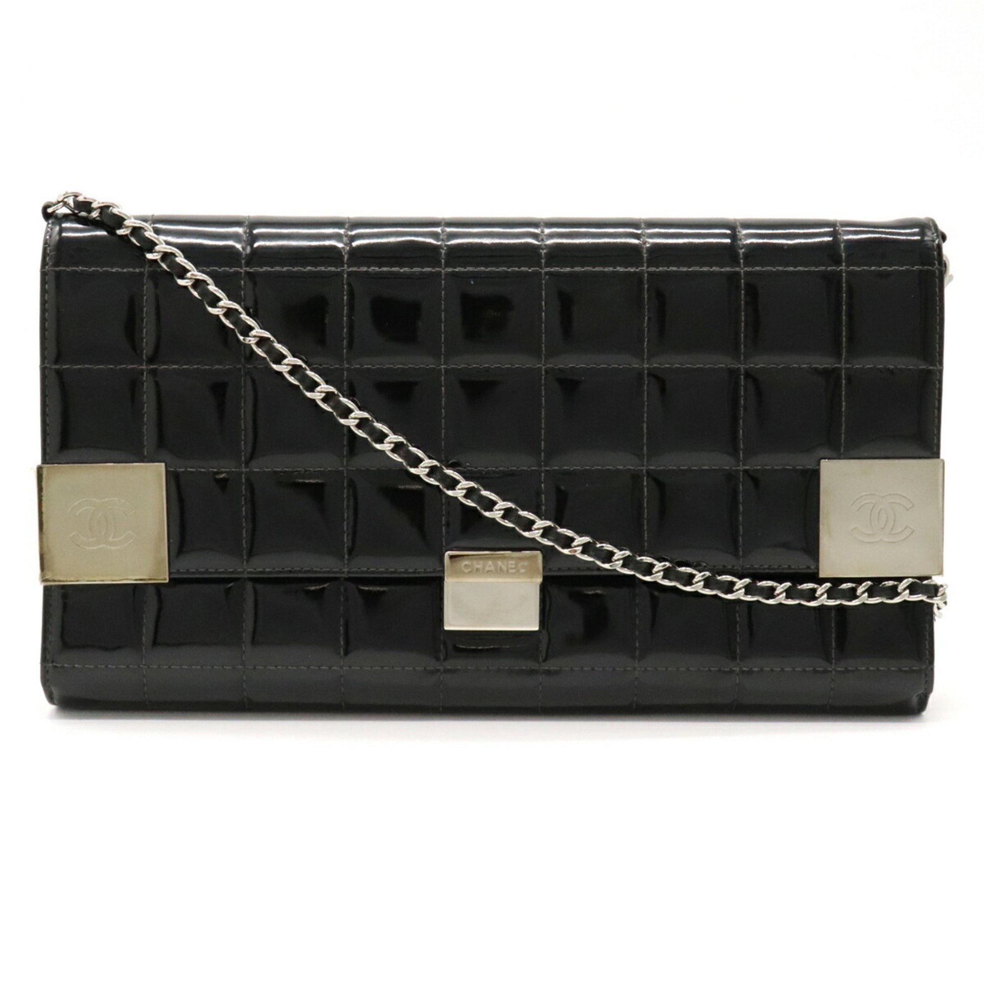 Chanel chocolate bar here mark chain bag enamel patent leather black