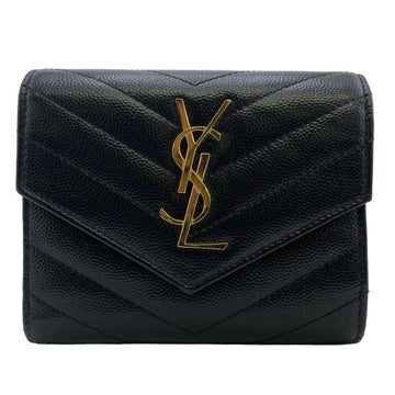SAINT LAURENT 403943 YSL Logo V Stitch Monogram Trifold Wallet Black Ladies