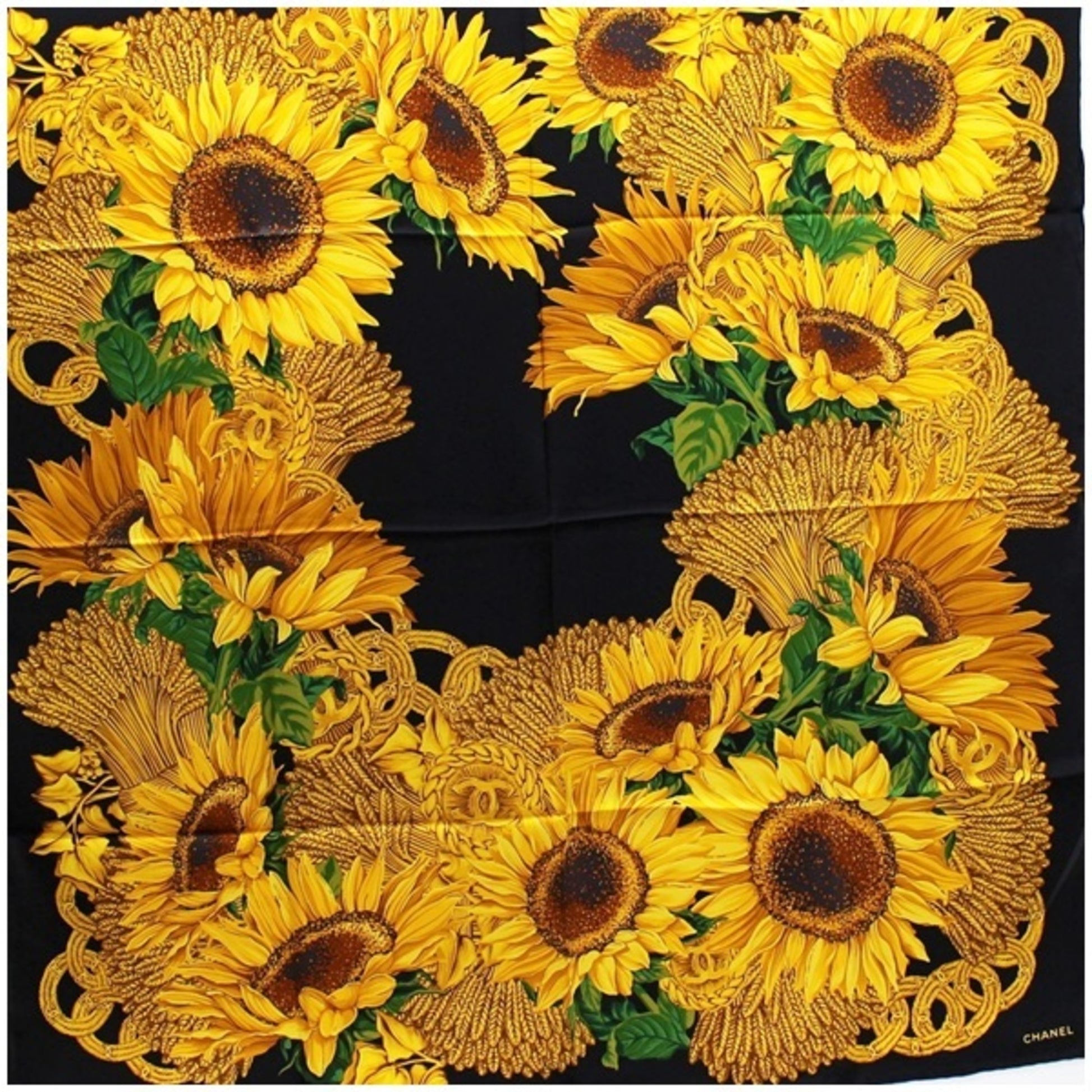 CHANEL Silk Scarf Muffler Coco Mark Sunflower. Sunflower Pattern
