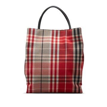 BURBERRY Nova Check Tote Bag Red Beige Canvas Leather Women's