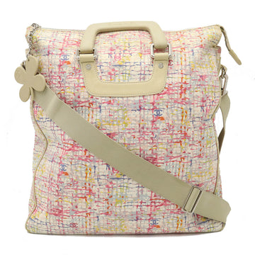 CHANEL tweed pattern tote bag shoulder clover charm canvas leather pink multicolor