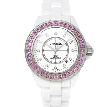 Chanel J12 42mm H2011 men's watch date 12P diamond pink sapphire bezel white ceramic automatic winding