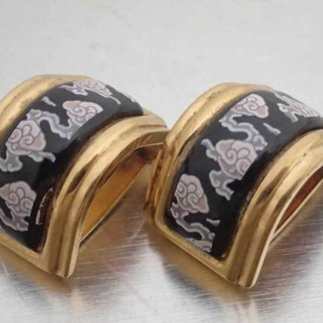 HERMES Earrings Cloisonne Gold Black Multicolor Enamel Clip Ladies