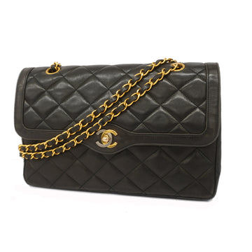 CHANELAuth  Matelasse Paris exclusive W Flap W Chain Leather Shoulder Bag Black
