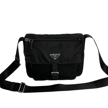 PRADA Triangle Logo Metal Fittings Nylon Saffiano Leather Genuine Mini Shoulder Bag Pochette Sacoche Black 03327
