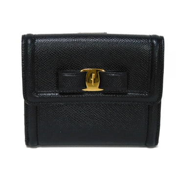 SALVATORE FERRAGAMO Bifold Wallet Compact Snap Button Gold Rose Ribbon Black 22C911 Women's Bill Purse