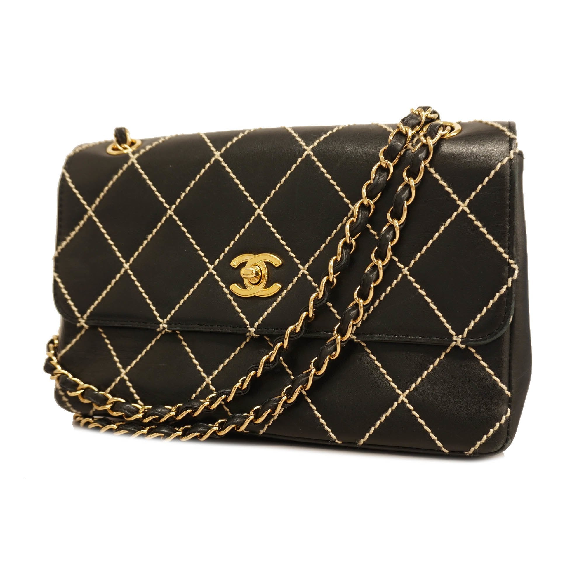 Chanel shoulder bag wild stitch W chain leather black gold metal