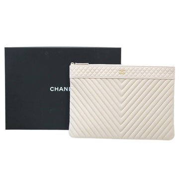 CHANEL V stitch clutch bag soft caviar skin light brown 24895756