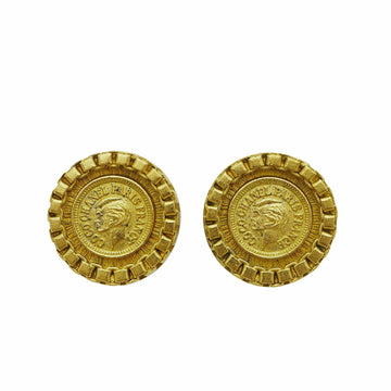 CHANEL 95P Coin Motif Coco Chanel Earrings Gold Profile Round