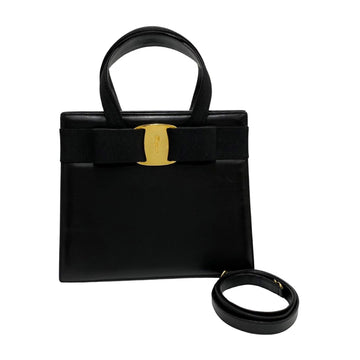 SALVATORE FERRAGAMO Vara Ribbon Calf Leather 2way Handbag Shoulder Bag Black