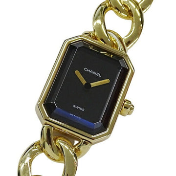Chanel watch ladies Premiere quartz 750YG pure gold H0003 chain L size black polished