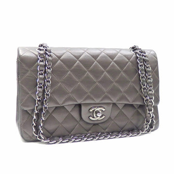 Chanel Double Flap Bag Matelasse Women's Metallic Gray Lambskin Cocomark